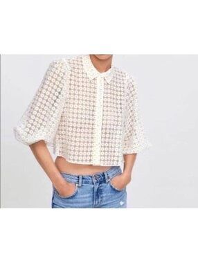Zara Sheer Daisy Print Button-Up Size S Cropped